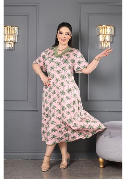 Bambu Dantel Detaylı Kloş Büyük Beden Elbise 6xl