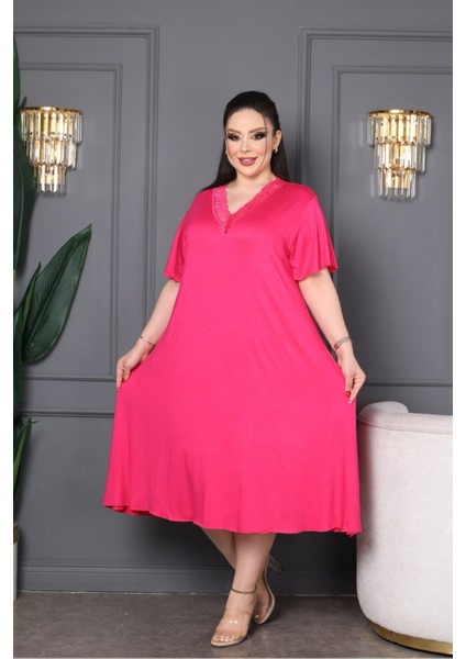 Bambu V Yaka Dantel Detaylı Eteği Kloş Elbise Büyük Beden 6xl modelleri