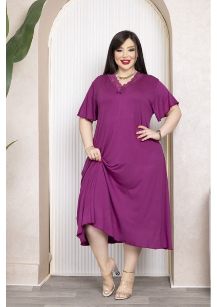 Bambu V Yaka Dantel Detaylı Eteği Kloş Elbise Büyük Beden 6xl fiyatları