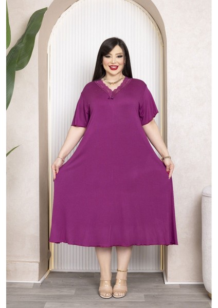 Bambu V Yaka Dantel Detaylı Eteği Kloş Elbise Büyük Beden 6xl fırsatları