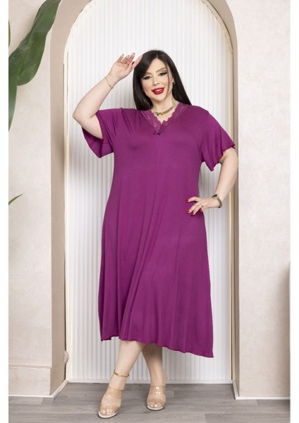 Bambu V Yaka Dantel Detaylı Eteği Kloş Elbise Büyük Beden 6xl indirimleri