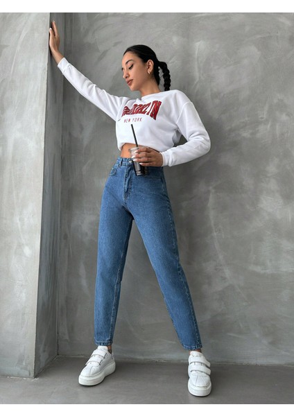 Yüksek Bel Pamuklu Mom Jean