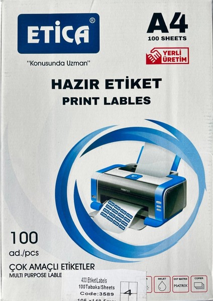 2 Paket Etica Hazır Laser Etiket A4 100 Sayfa 105 mm x 148,5 mm x 143,5 mm 4'lü (CODE:3589)