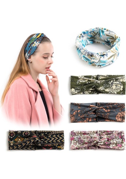 Moda Bohemian Çiçek Kafa Bandı Kadın Geniş Çapraz Düğüm Türban Kafa Bandı Bayan Kadın Vintage Elastik Bandaj Bandanalar Saç Bandı (Yurt Dışından)