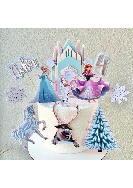 Karlar Ülkesi Elsa Temalı Kız Çocuk Doğum Günü Isme Özel 3D Pasta Parti Süsü Seti Cake Topper