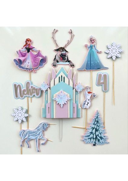 Karlar Ülkesi Elsa Temalı Kız Çocuk Doğum Günü Isme Özel 3D Pasta Parti Süsü Seti Cake Topper