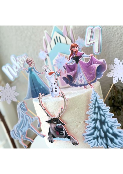 Karlar Ülkesi Elsa Temalı Kız Çocuk Doğum Günü Isme Özel 3D Pasta Parti Süsü Seti Cake Topper