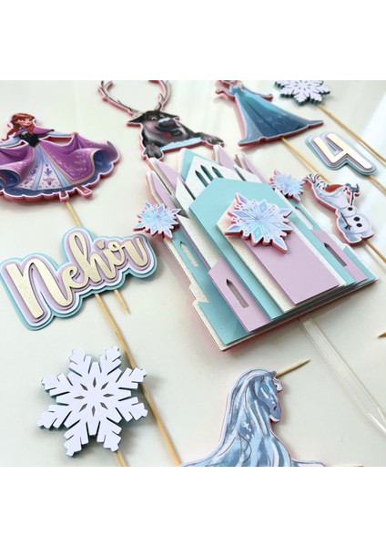 Karlar Ülkesi Elsa Temalı Kız Çocuk Doğum Günü Isme Özel 3D Pasta Parti Süsü Seti Cake Topper