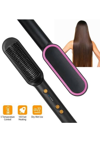 Elektrikli Saç Düzleştirici Fırça Negatif Iyonlar Saçlara Zarar Vermez 3 Dişli Sıcaklık Termostatik Ptc Isıtma Elektrikli Saç Fırçası (Yurt Dışından)