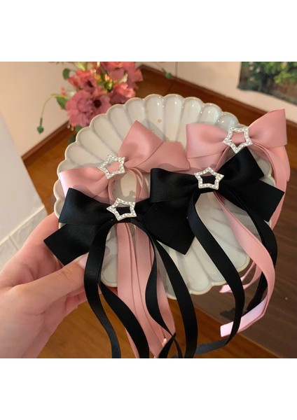 Yeni Moda Pembe ve Siyah Kurdele Yay Firkete Saç Tokası Zarif Beş Köşeli Yıldız Saç Aksesuarları Saç Klipleri Kadın Kızlar Için (Yurt Dışından) fiyatları