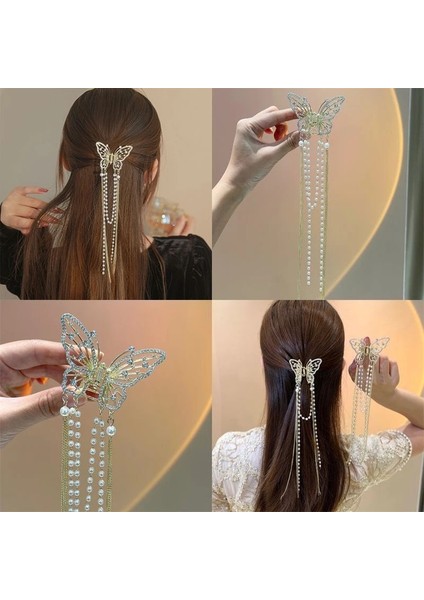 2023 Yeni Kadın Kelebek Inci Püskül Saç Pençe Taklidi Klip Kore Basit Köpekbalığı At Kuyruğu Yengeç Klip Kızlar Saç Aksesuarları (Yurt Dışından)