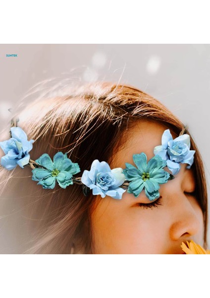 Çiçek Bandı Bohemian Headdress Kafa Çelenk Brid Garland Charm Başlığı Cadılar Bayramı Kostüm Tatil Kadınlar Için Saç Aksesuarı, Mavi (Yurt Dışından)