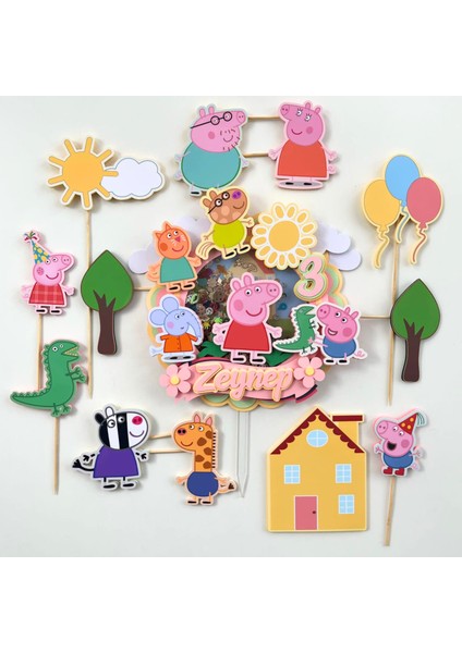 Peppa Karakterleri Temalı Kız Erkek Çocuk Doğum Günü Isme Özel 3D Pasta Parti Süsü Seti Cake Topper