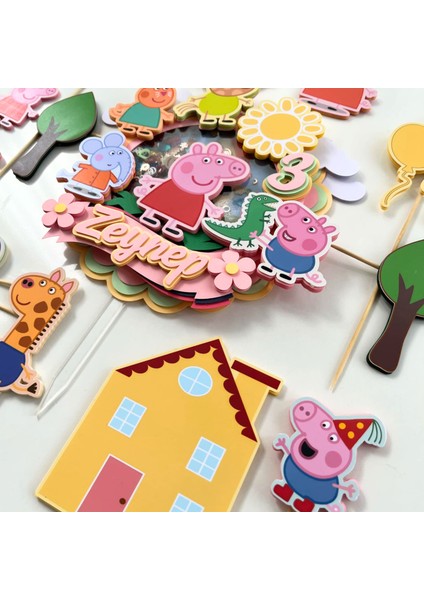 Peppa Karakterleri Temalı Kız Erkek Çocuk Doğum Günü Isme Özel 3D Pasta Parti Süsü Seti Cake Topper