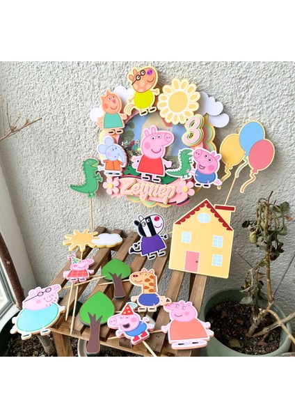 Peppa Karakterleri Temalı Kız Erkek Çocuk Doğum Günü Isme Özel 3D Pasta Parti Süsü Seti Cake Topper