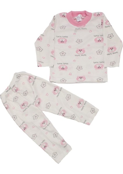 Kız Çocuk Beyaz Pembe Yıldızlı Ayılı Desenli 2'li Pijama Takımı - 1015496