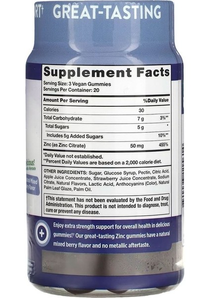 Zinc, Natural Mixed Berry, 50 mg 60 Vegan Gummies