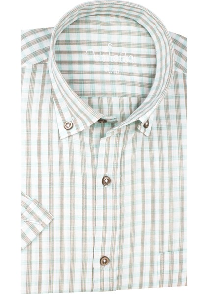 Erkek Su Yeşili Kısa Kollu Cepli Geniş Kesim Pamuklu Yazlık Kareli Gömlek