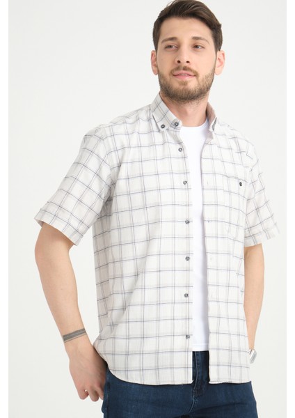 Erkek Beyaz Kısa Kollu Pamuklu Kareli Cepli Trend Yazlık Gömlek