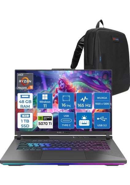 Rog Strix G16 G614PR-RV052 Amd Ryzen 9 7945HX 48GB GB 1tb SSD 12GB/RTX5070Tİ Gddr7 140W 16" Wuxga 165Hz 300NİTS Windows 11 Home Taşınabilir Bilgisayar WRV052H19+ZETTAÇANTA