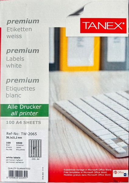 2 Paket Tanex 2065 Laser Etiket 38X21.2 mm 65X100