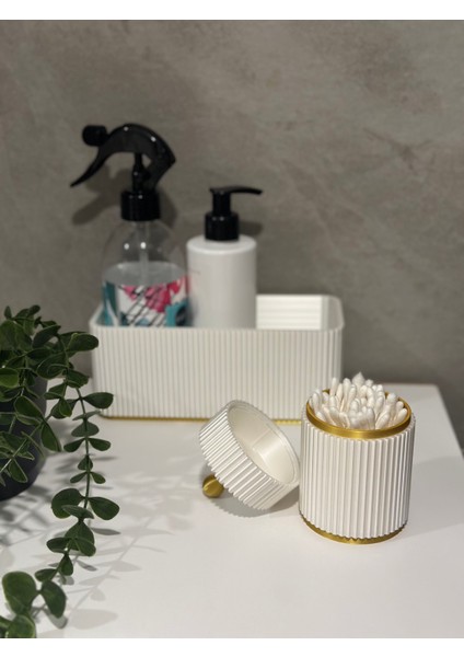 2’li Banyo Seti / Banyo Takımı Kulak Pamukluk Organizer Inci Beyaz