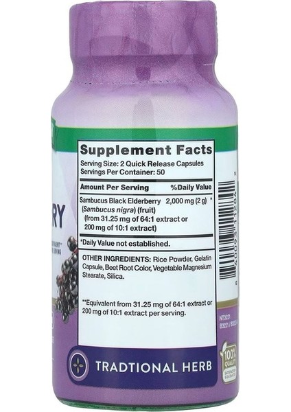 Nature's Truth, Sambucus Black Elderberry, 2,000 mg 100 Quick Release Capsules (1,000 mgPer Capsule)