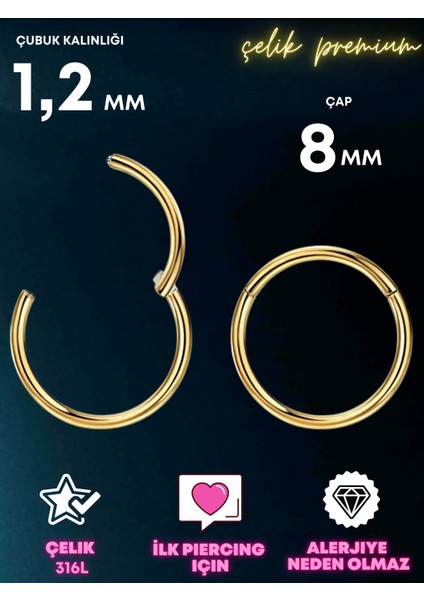 Moda Piercing Clicker: 316L Çelik, 8mm/1.2mm (Helix, Tragus, Septum, Kulak Memesi)