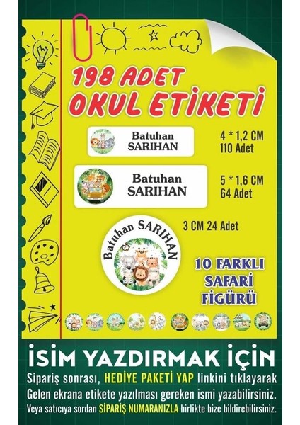 Isim Baskılı Defter Kalem Okul Etiketi ( 198 Adet Safari Temalı )