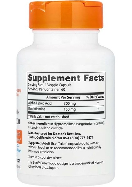 Benfotiamin 150 + Alfa-Lipoic Acit 300, 60 Bitkisel Kapsül-Usa Veriyon-Dmmedicine'den