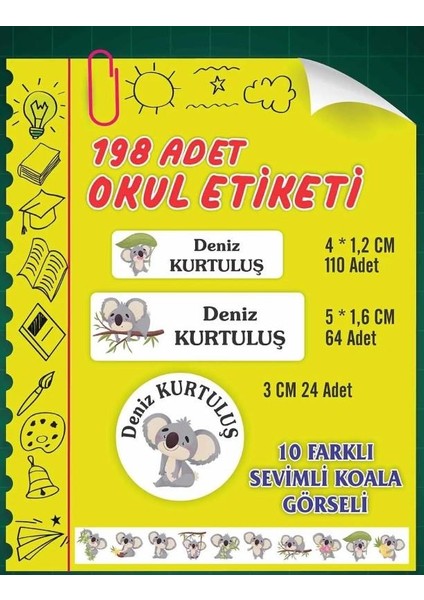 Kisiye Özel Sevimli Koala Temali Etiket ( 198 Adet Defter Kalem Okul Etiketi )