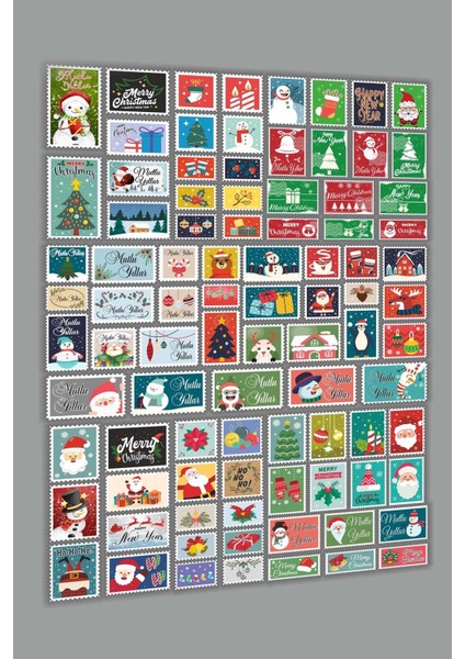 Yeni Yıl Temalı Pul Etiket - 90 Adet Merry Christmas Vintage Etiket - Yılbaşı Paketleme Etiketi