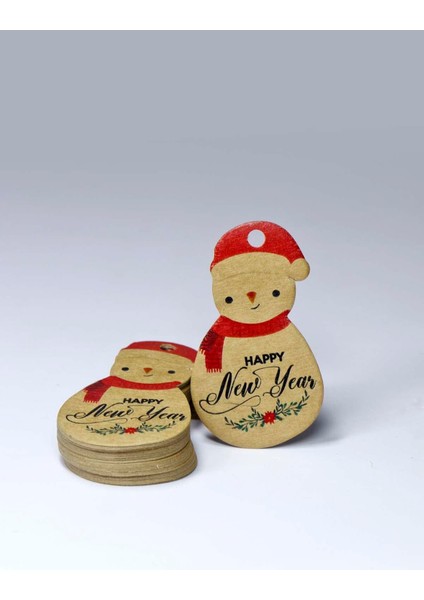 Kardan Adam Temalı Yeni Yıl Etiketi-Happy New Year-Kraft Yılbaşı Etiketi (3,8x6,5 Cm)60 Adet