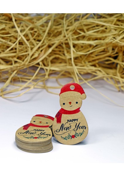 Kardan Adam Temalı Yeni Yıl Etiketi-Happy New Year-Kraft Yılbaşı Etiketi (3,8x6,5 Cm)60 Adet