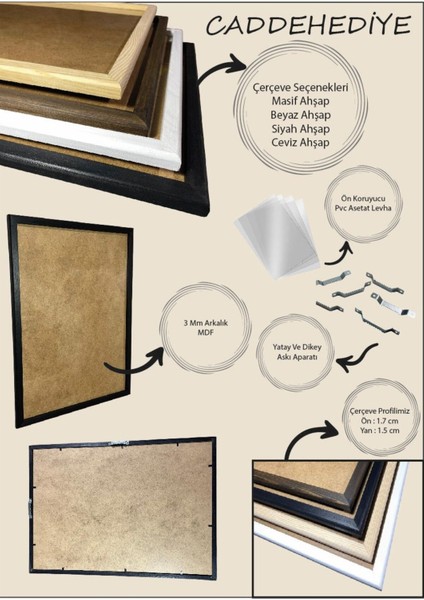 50 x 70 Ahşap Çerçeve Poster Puzzle Siyah & Beyaz & Ceviz & Masif & 4 Renk Iskandinav