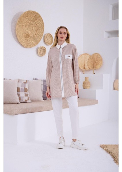 Çizgili Fermuarlı Pamuklu Tunik