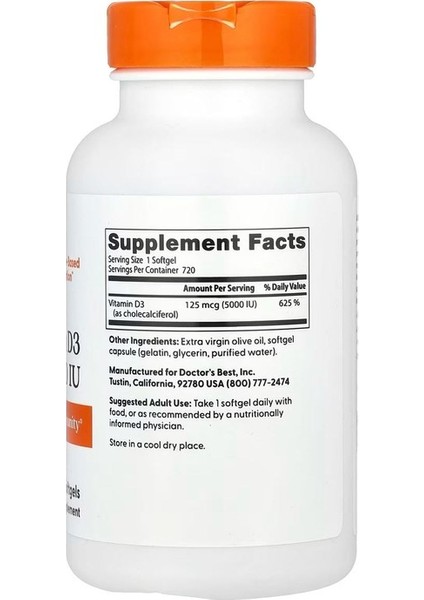Vitamin D3, 125 Mcg (5,000 Iu), 720 Softgels