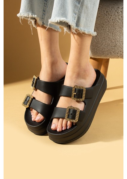 Kalın Eva Taban Çift Ayarlanabilir Gold Tokalı Kadın Terlik 011-03-25