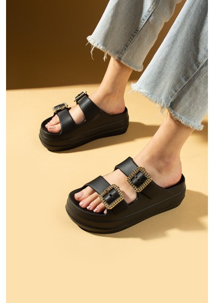 Kalın Eva Taban Çift Ayarlanabilir Gold Tokalı Kadın Terlik 011-03-25 fiyatları