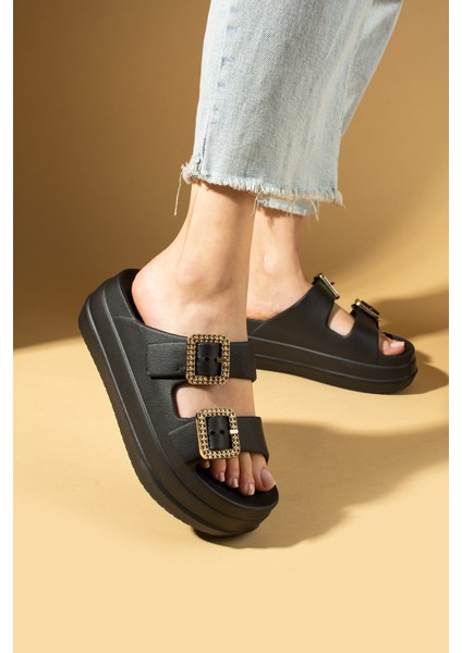 Kalın Eva Taban Çift Ayarlanabilir Gold Tokalı Kadın Terlik 011-03-25 modelleri