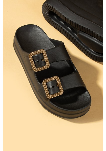 Kalın Eva Taban Çift Ayarlanabilir Gold Tokalı Kadın Terlik 011-03-25 fırsatları