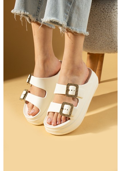 Kadın Terlik Kalın Eva Taban Düz Topuk Gold Tokalı Günlük Kullanım İçin