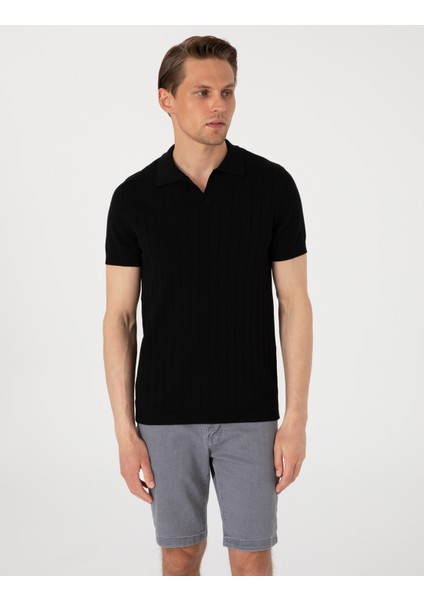 Erkek Siyah Slim Fit %100 Pamuk Polo Yaka Triko Tişört 50307334-VR046