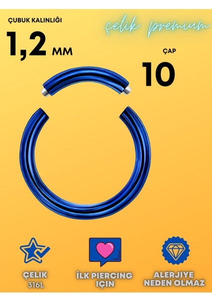 Parlak Mavi Çelik Segmentli Clicker 10MM/1.2MM (Kulak ve Septum Piercingleri Için)