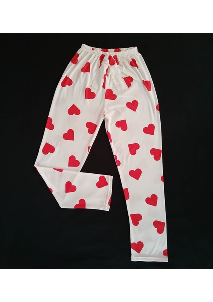 Ekru Pamuklu Kumaş Üzerinde Kırmızı Kalp Desenli Pijama Alt