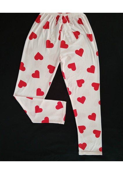 Ekru Pamuklu Kumaş Üzerinde Kırmızı Kalp Desenli Pijama Alt fiyatları