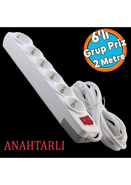 6'lı Grup Priz Anahtarlı Topraklı 2 Metre Seyyar Ara Kablolu Uzatma Kablolusu Altılı Piriz Kablo