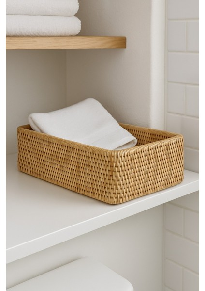 Doğal Rattan Dikdörtgen Saklama Kutusu, Çok Amaçlı Düzenleyici Sepet, 37 cm