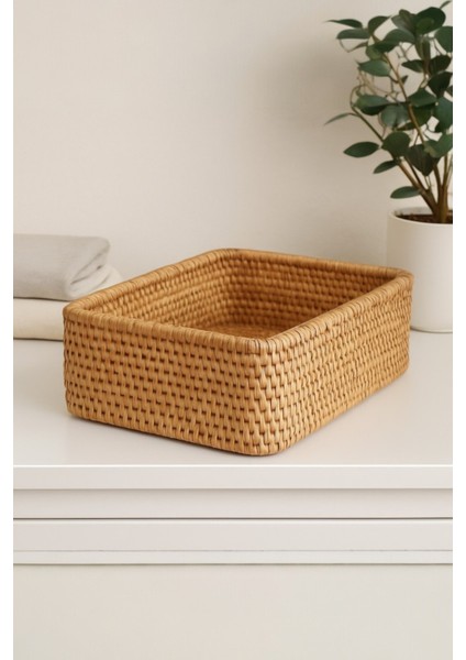 Doğal Rattan Dikdörtgen Saklama Kutusu, Çok Amaçlı Düzenleyici Sepet, 37 cm
