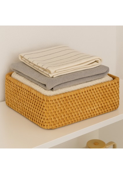 Doğal Rattan Dikdörtgen Saklama Kutusu, Çok Amaçlı Düzenleyici Sepet, 37 cm